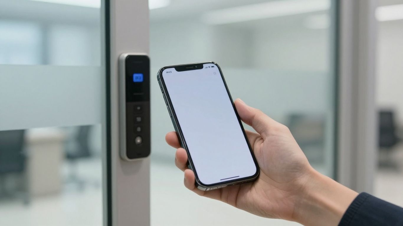 Mobile phone near secure office entrance