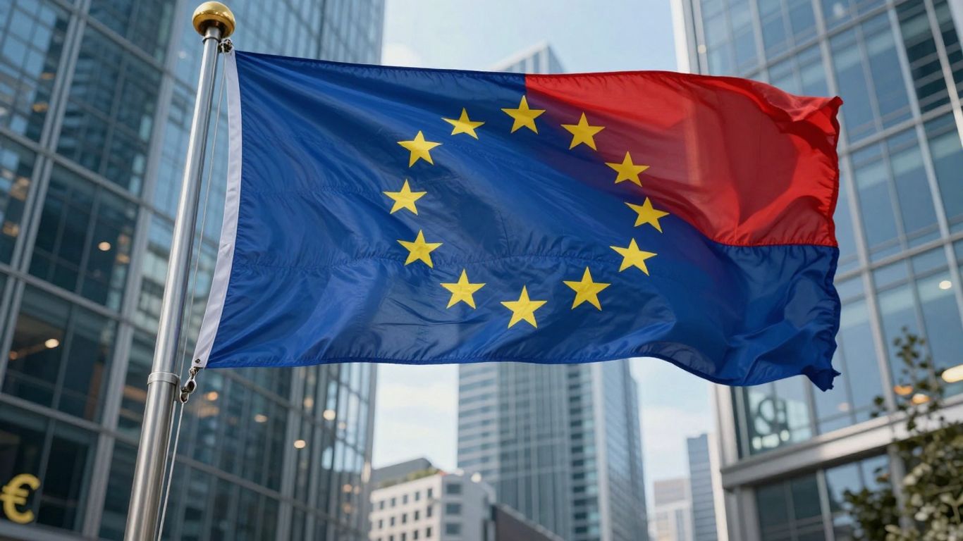 Steagul UE și clădiri moderne, simbolizând creștere economică.