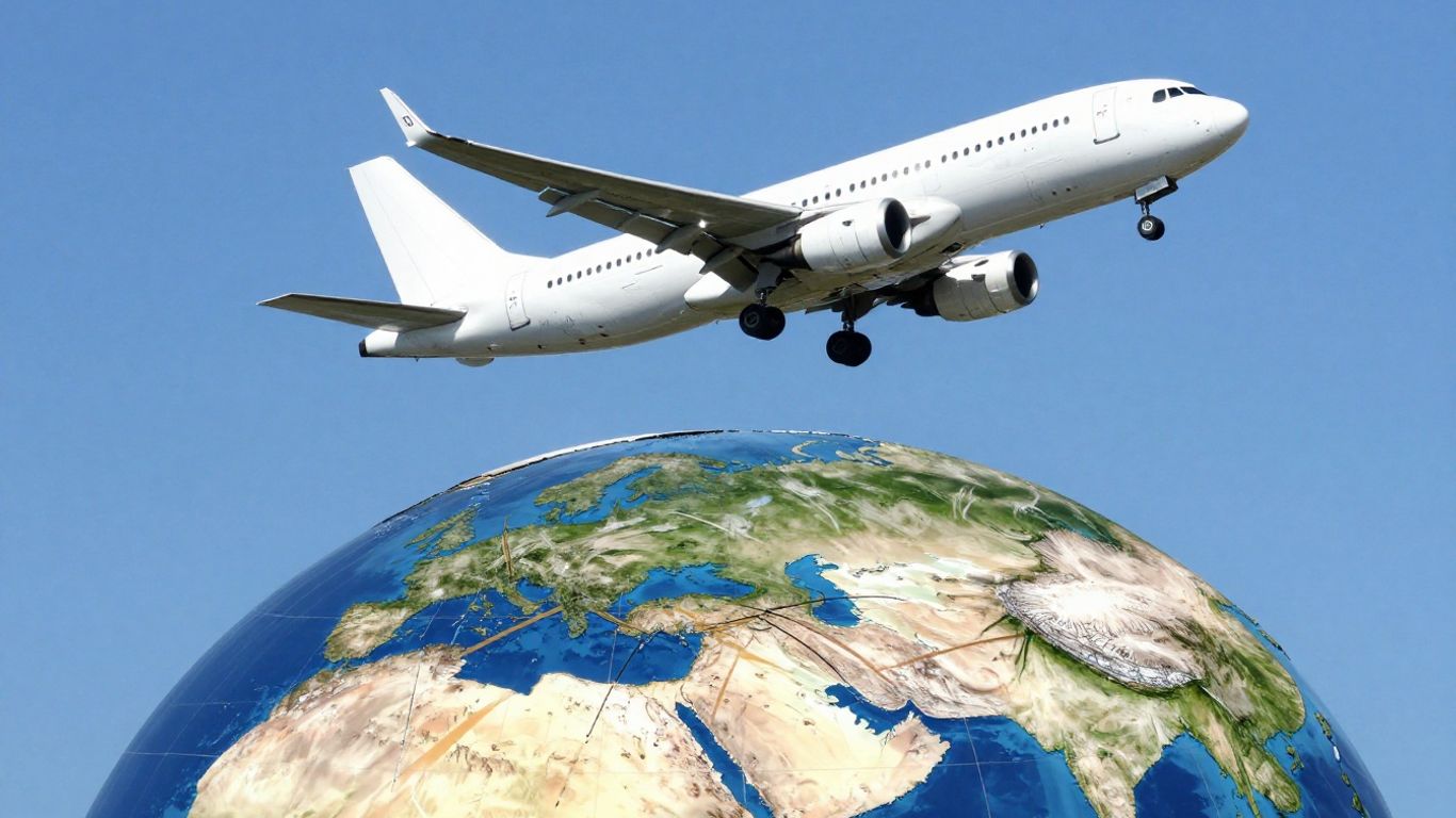 Airplane flying over a globe with flight paths.