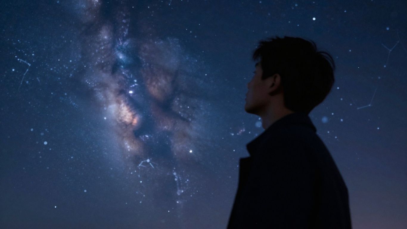 Person looking at starry night sky, ethereal glow.