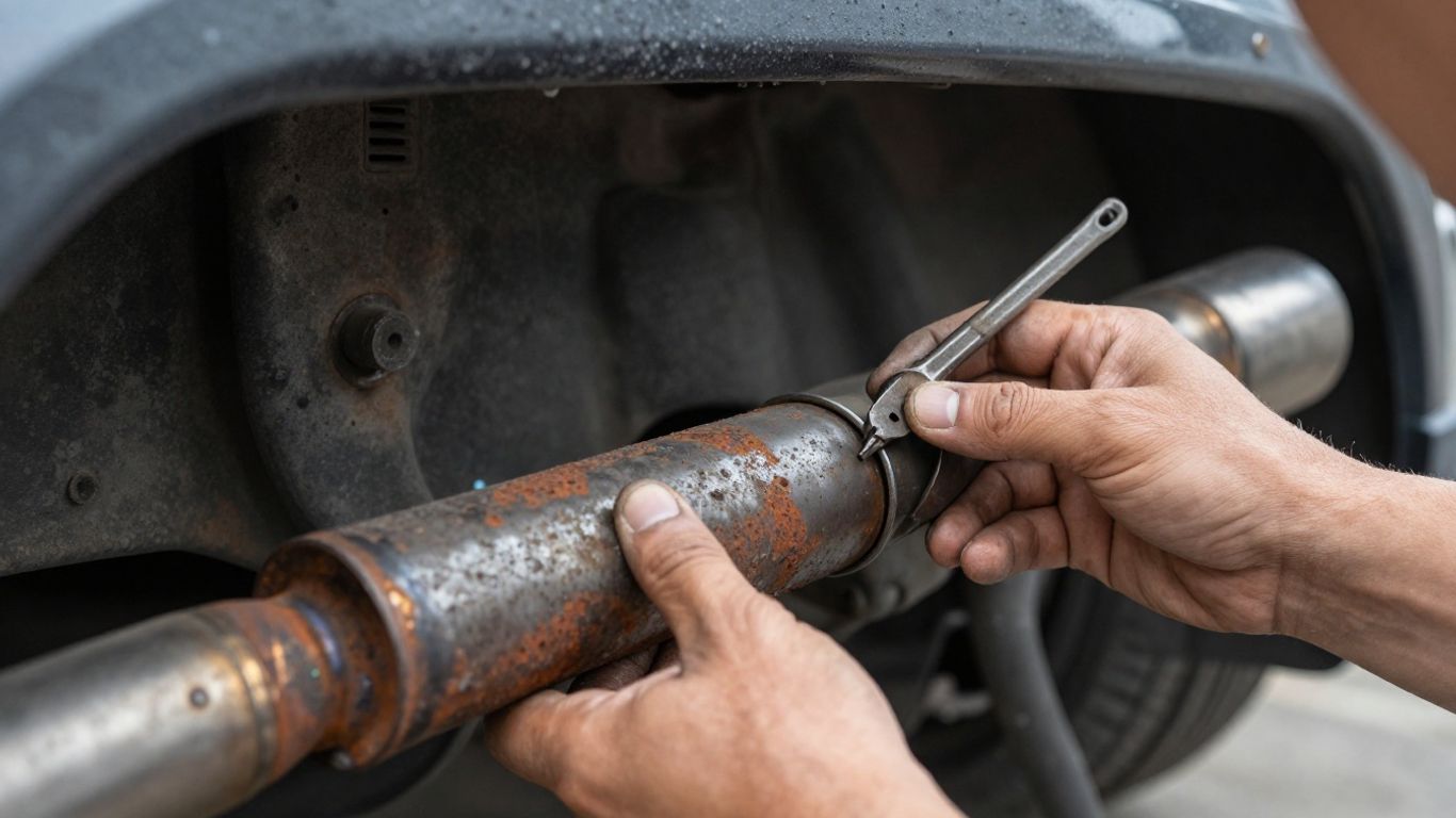 Mechanic replacing a car exhaust pipe.