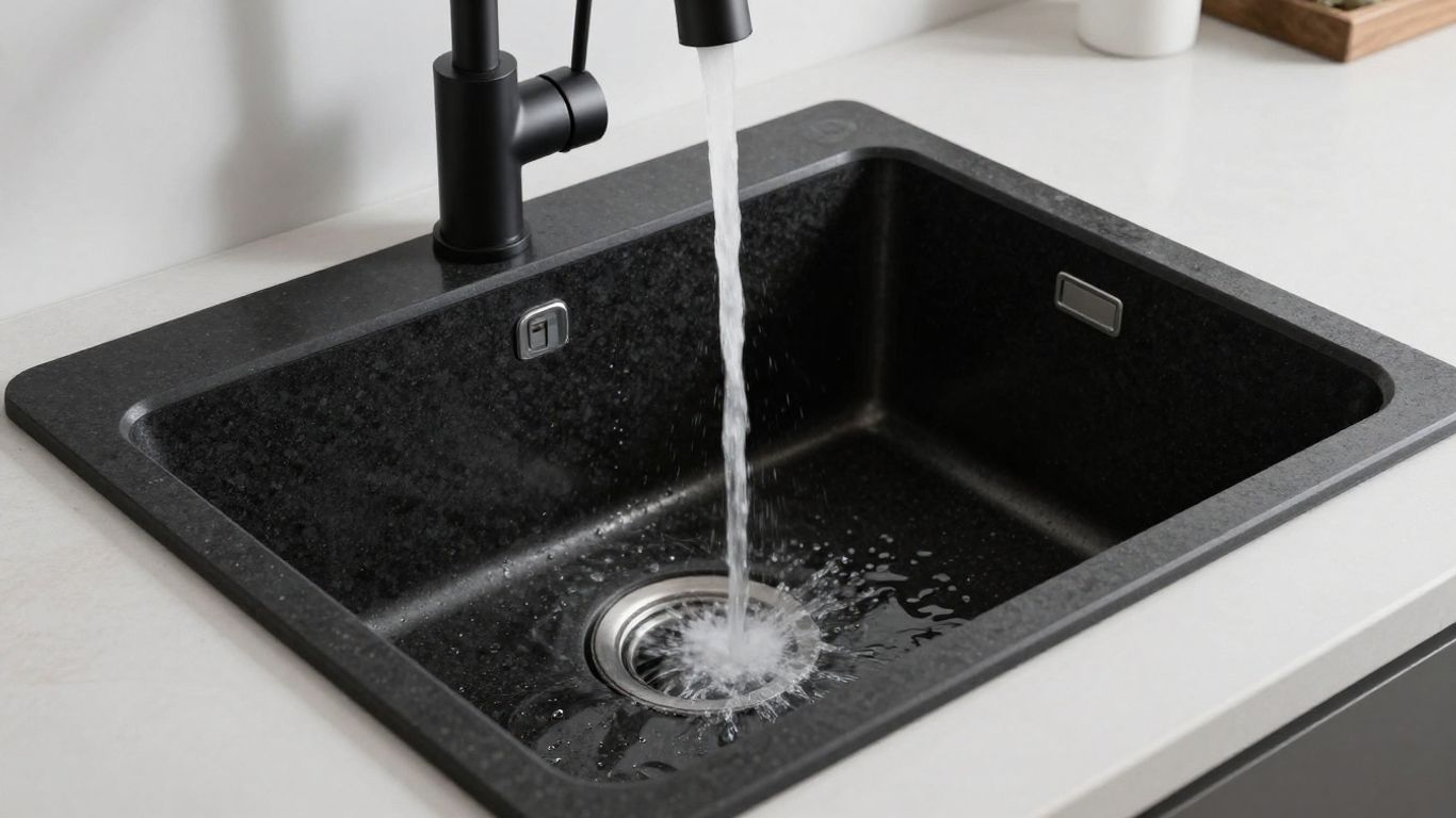 Stylish black granite kitchen sink with modern faucet.