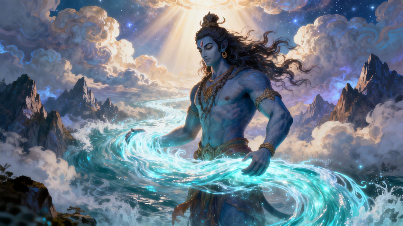 Lord Shiva holding the cascading River Ganga.