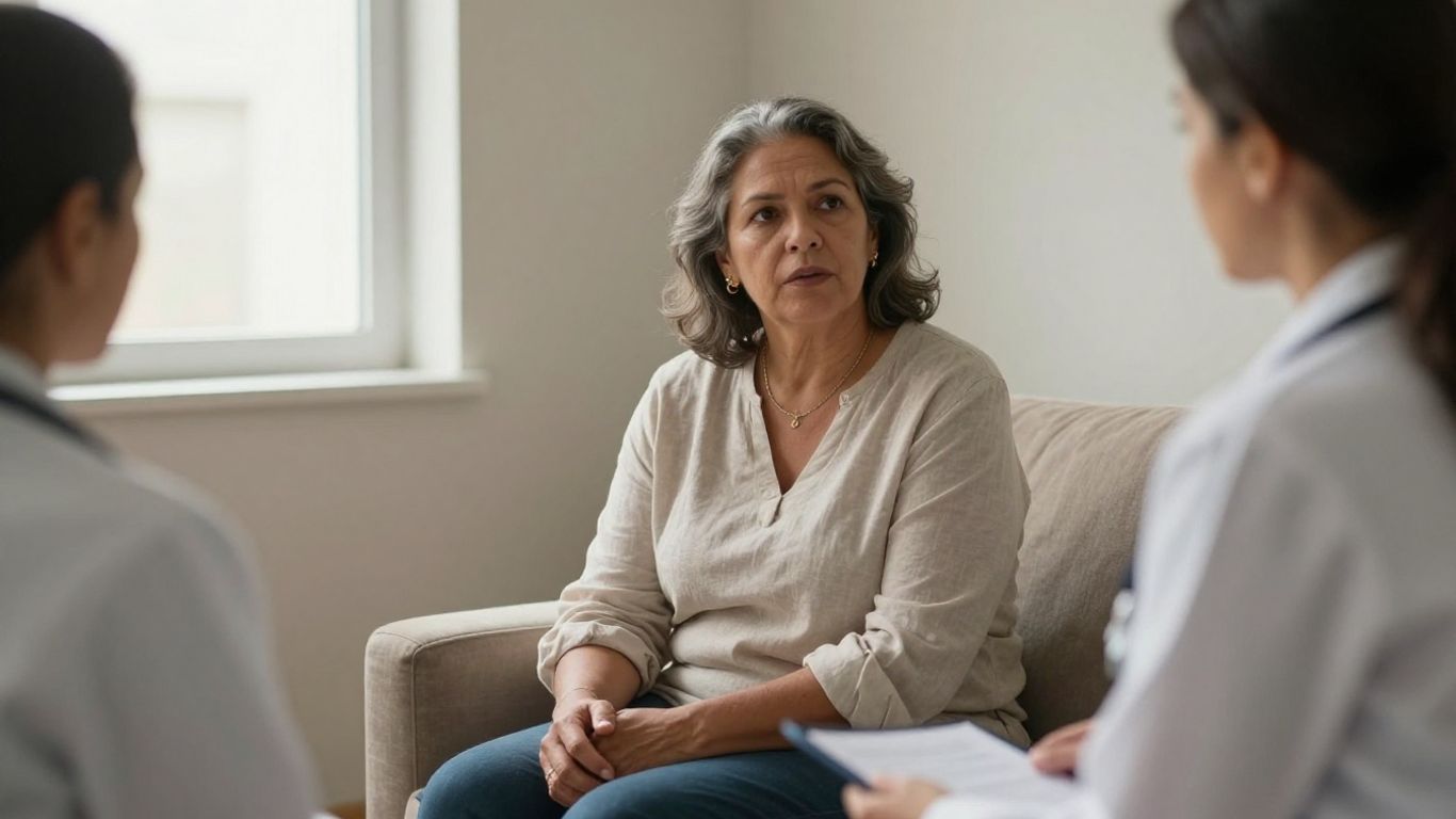 Mulher conversando com médica durante consulta acolhedora