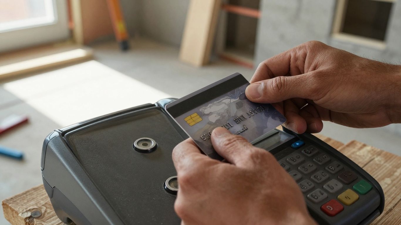 Contractor paying with credit card at a construction site.