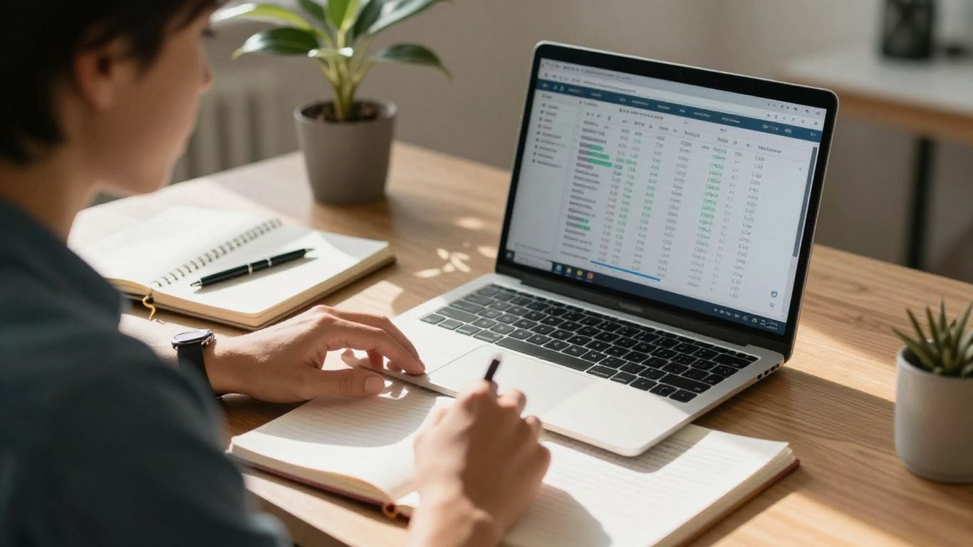 Persona revisando finanzas en una computadora portátil.