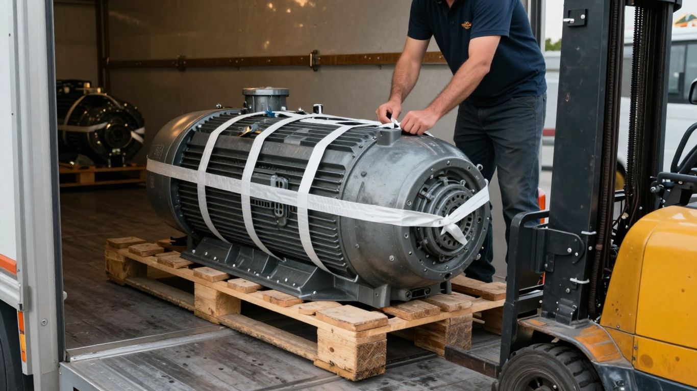 Palletized electric motor loaded for urgent transport