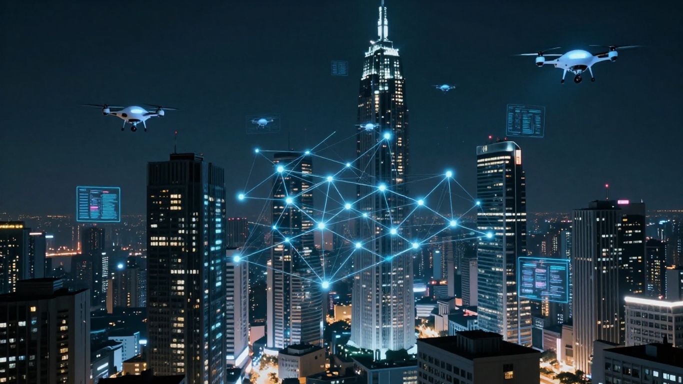 Futuristic cityscape with digital connections and drones.