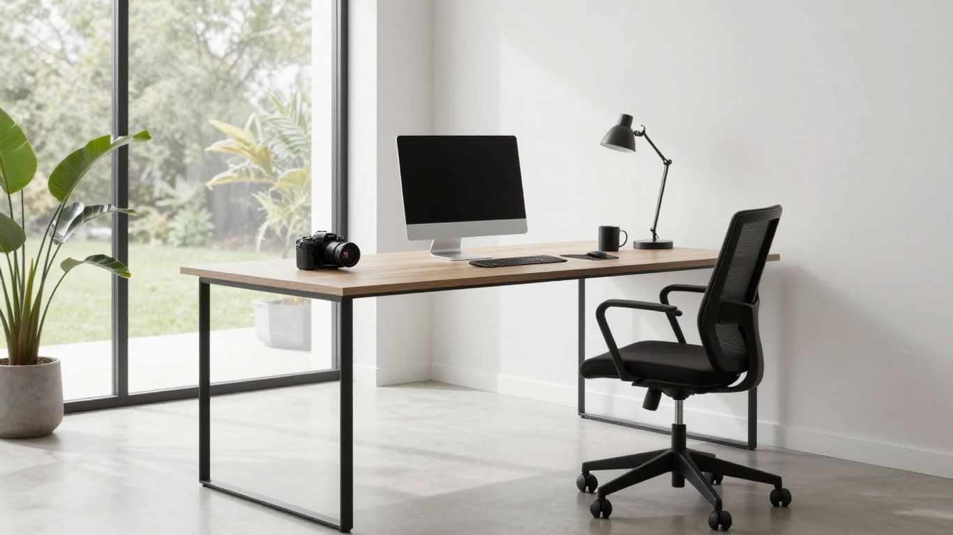 A minimalist office setup with a high-end laptop camera