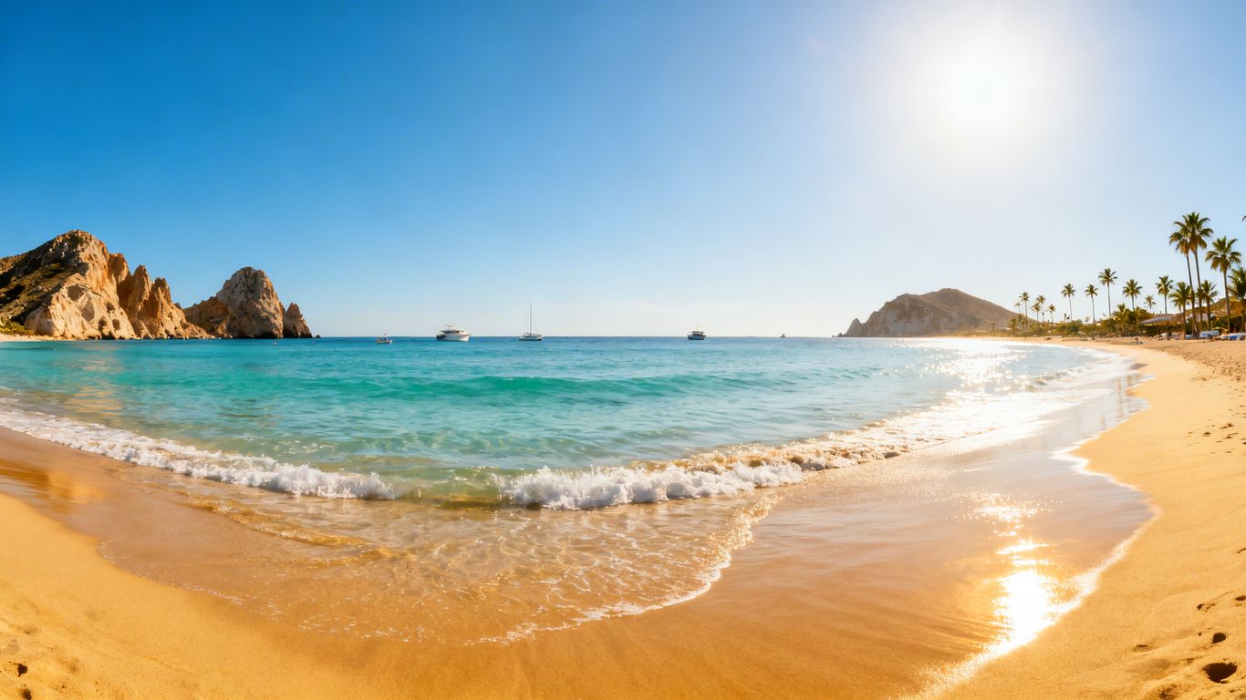 Cabo beach with palm trees and ocean.