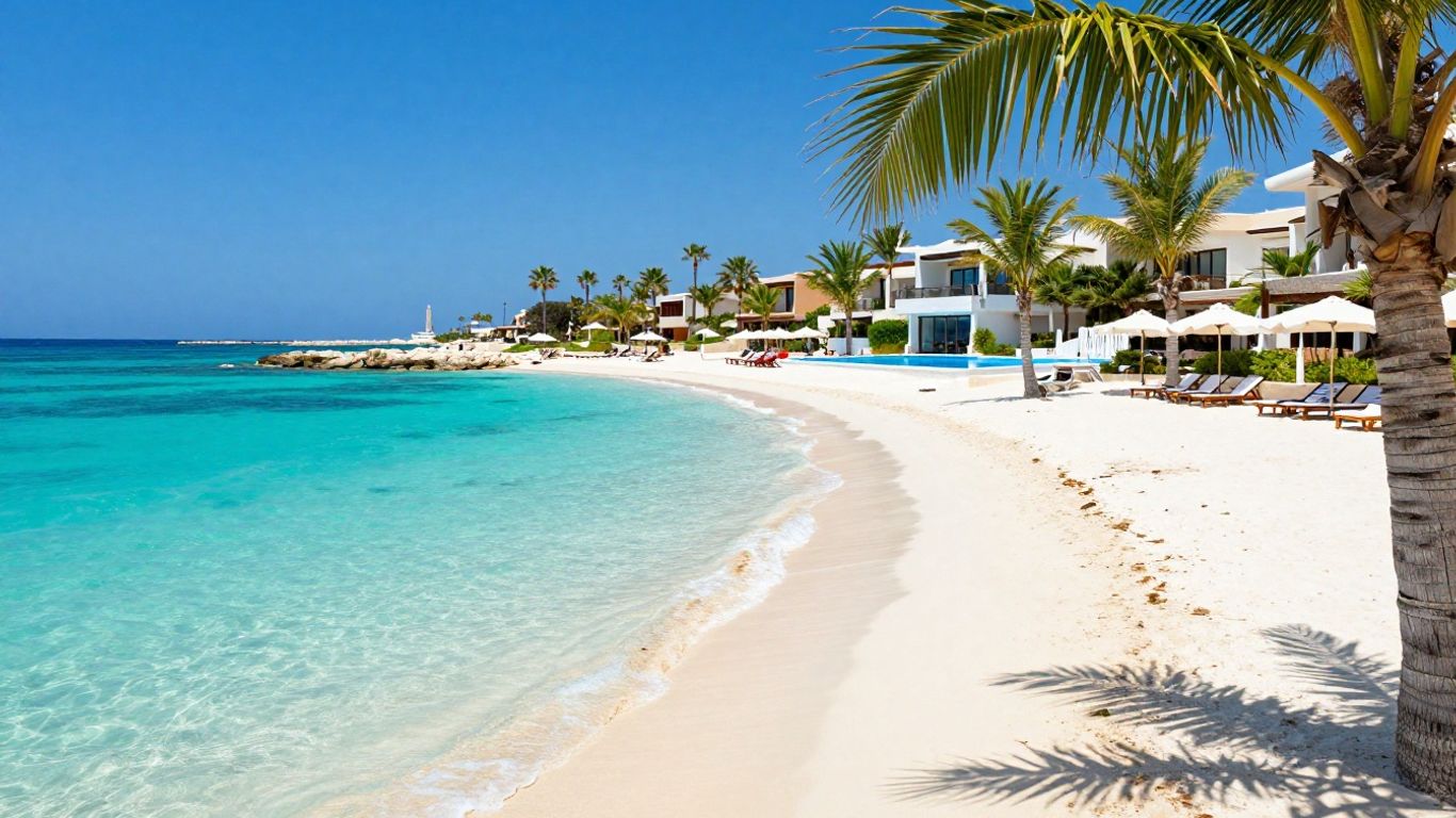 Cyprus beach with turquoise water and palm trees.