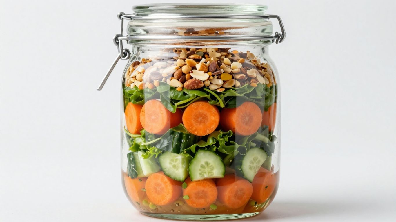 Leak-proof salad jar with distinct, colorful layers.