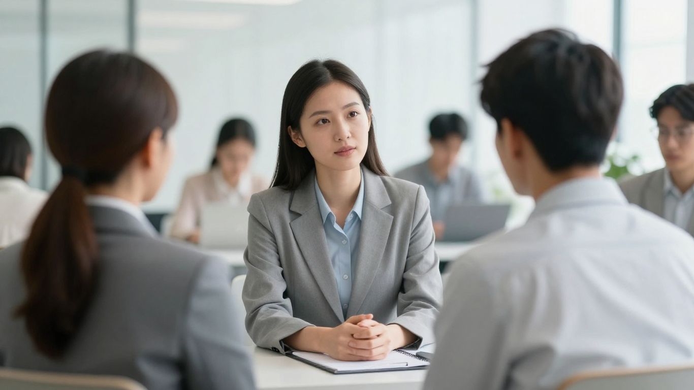 A candidate being interviewed in a bright office