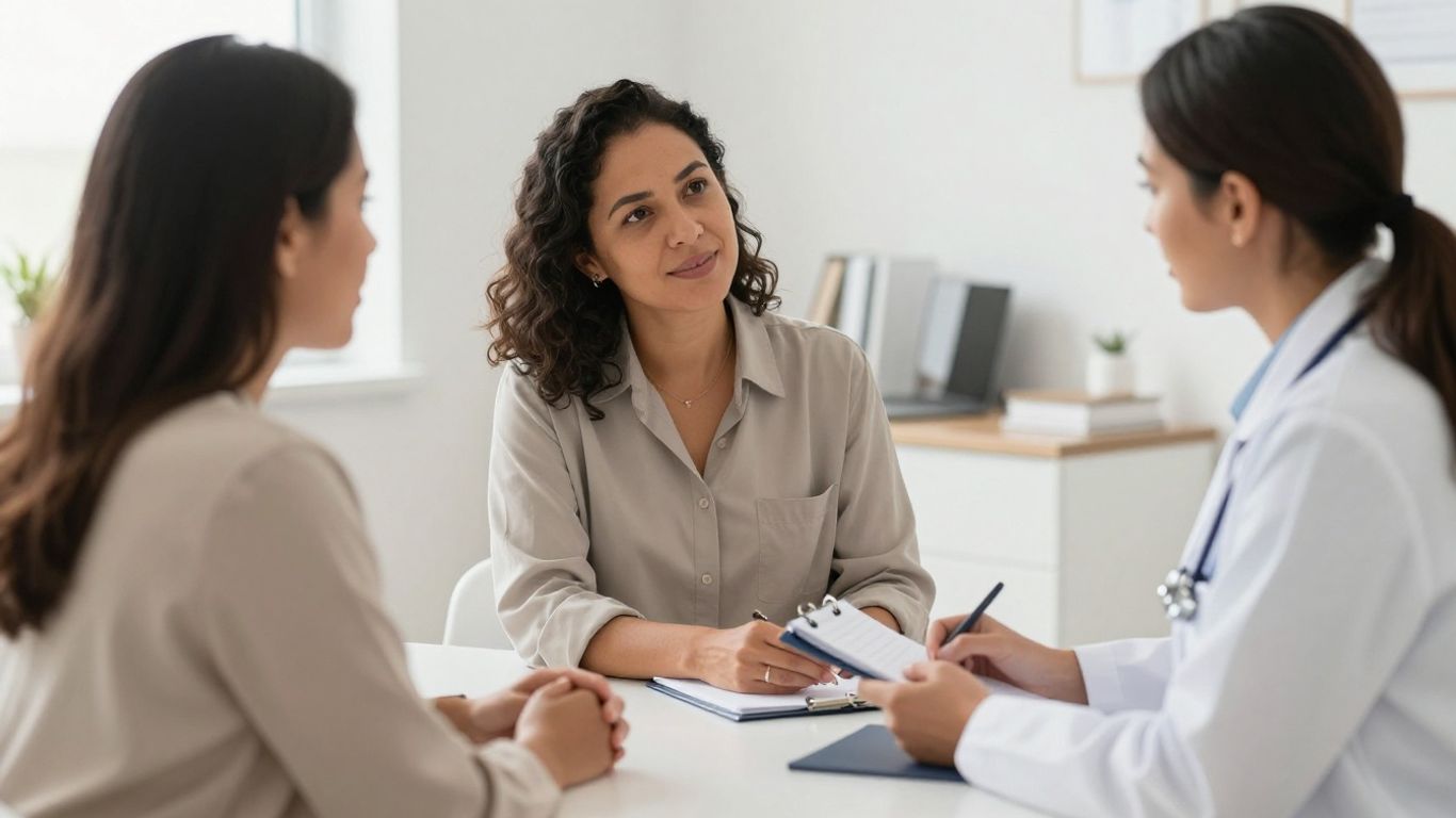 Mulher conversando com médica em consulta