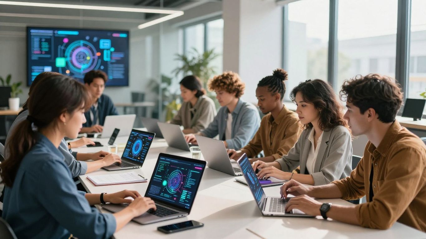People working with technology in a modern office.
