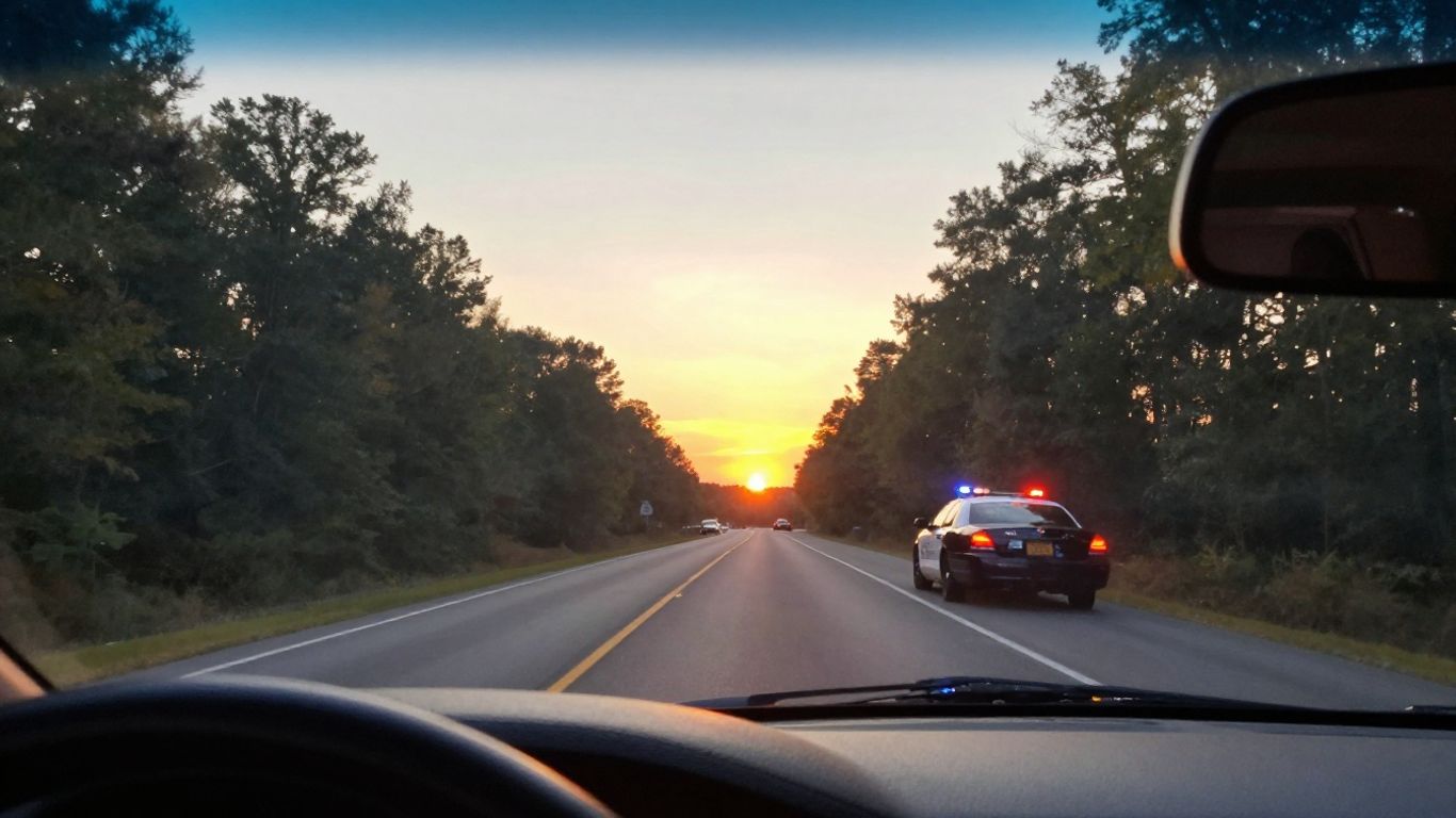 Driver's view of a road with a distant police car.