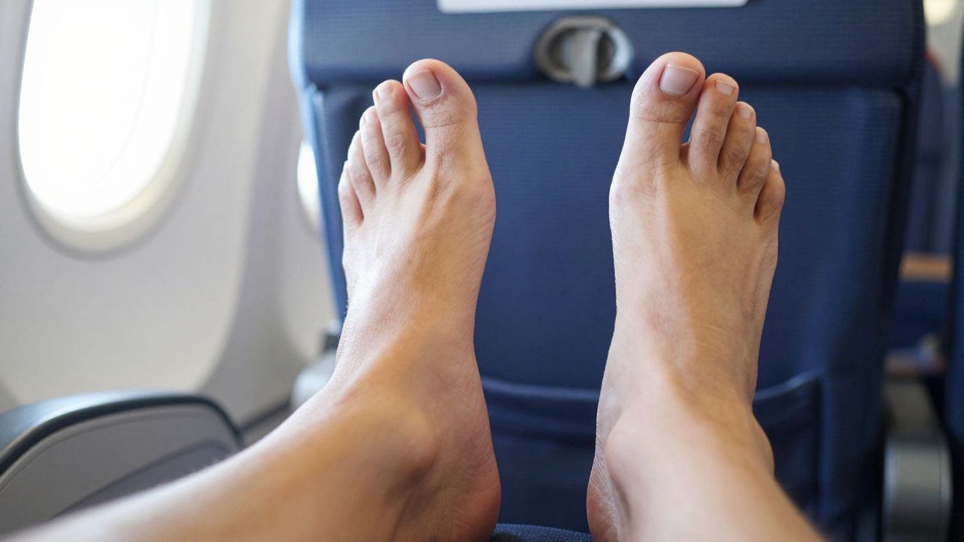 Swollen feet resting on airplane seat after flight.