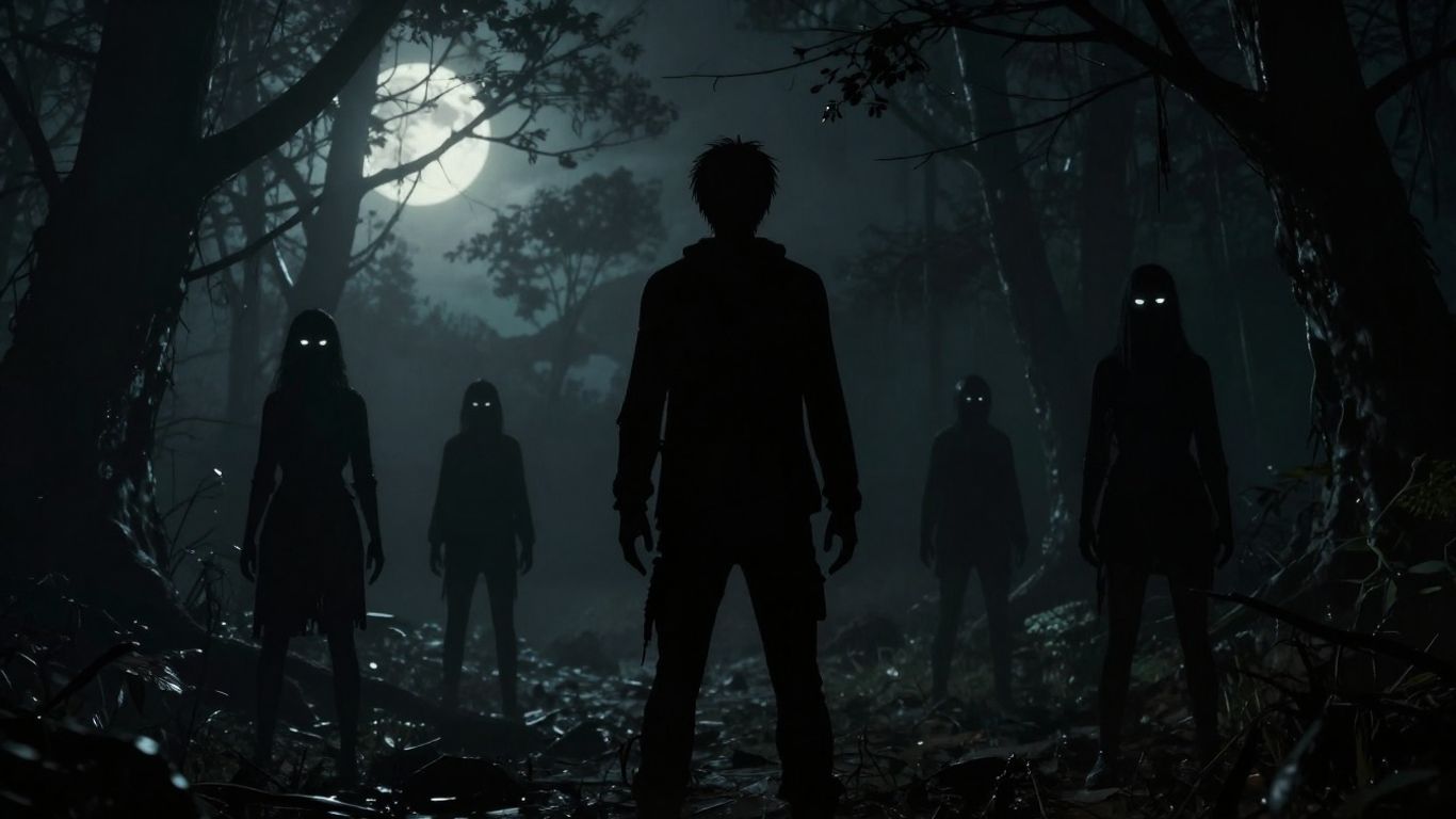 Until Dawn horror game characters in a dark, spooky forest.