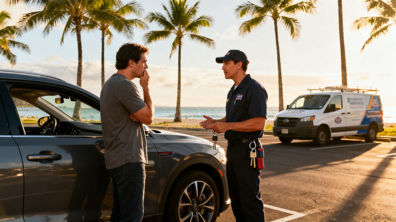 Mobile locksmith helping beachside driver