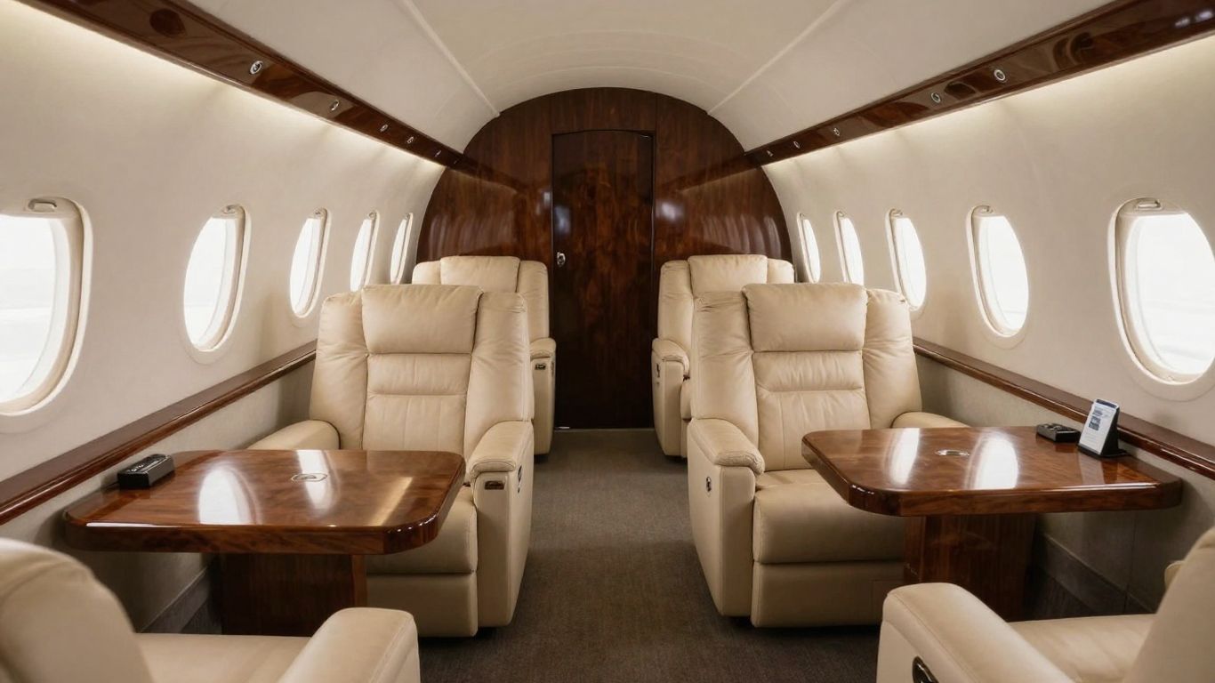 JSX jet interior with plush seating and wood accents.