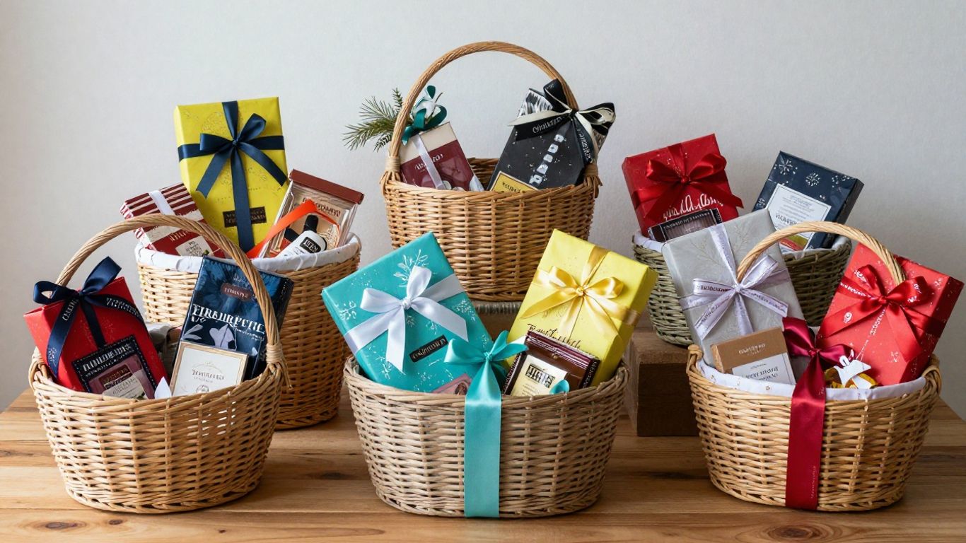 Colorful unique gift baskets arranged on a wooden table.