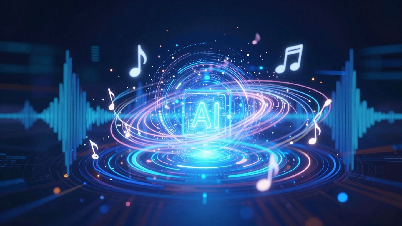 AI song generator interface with sound waves and notes.