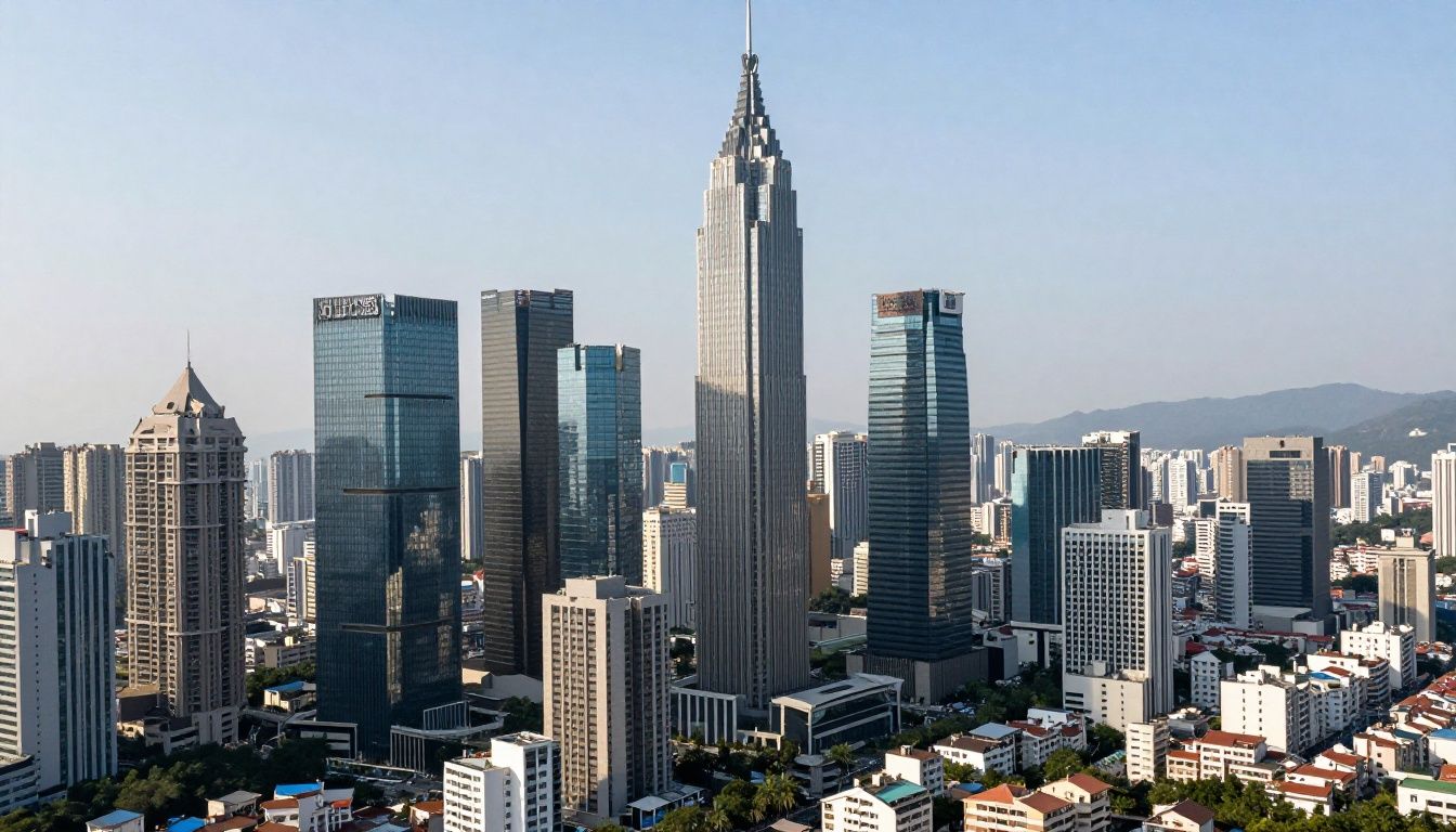 Vista panorâmica de uma cidade moderna com os dez prédios mais altos do mundo destacados em uma composição arquitetônica impressionante