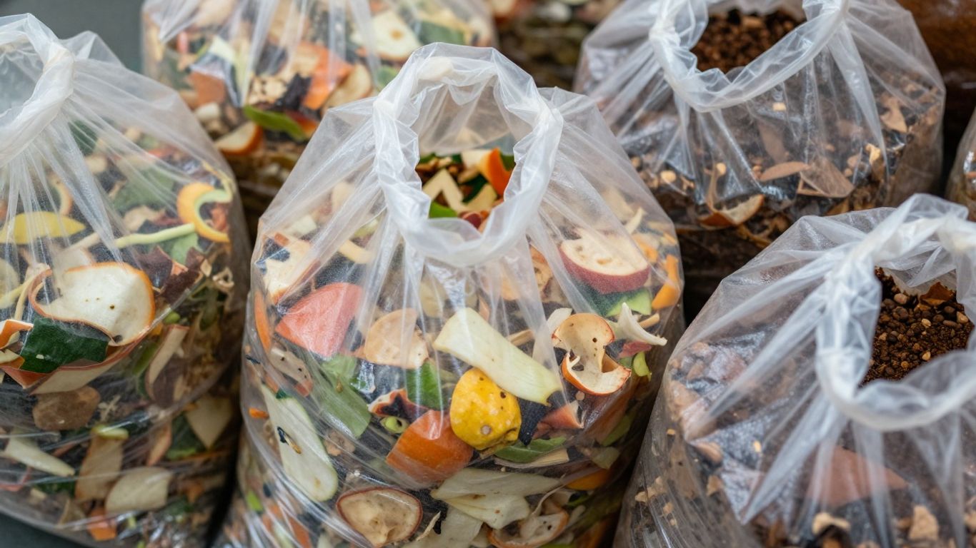 Compostable bags filled with food waste.