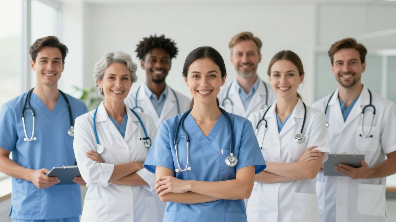 People in medical scrubs looking hopeful in a bright healthcare setting.