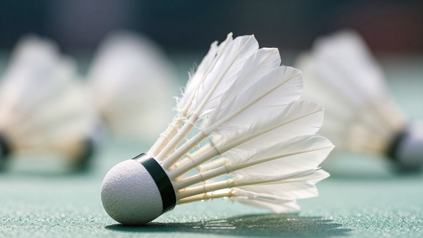 Feather badminton shuttlecock in flight, close-up