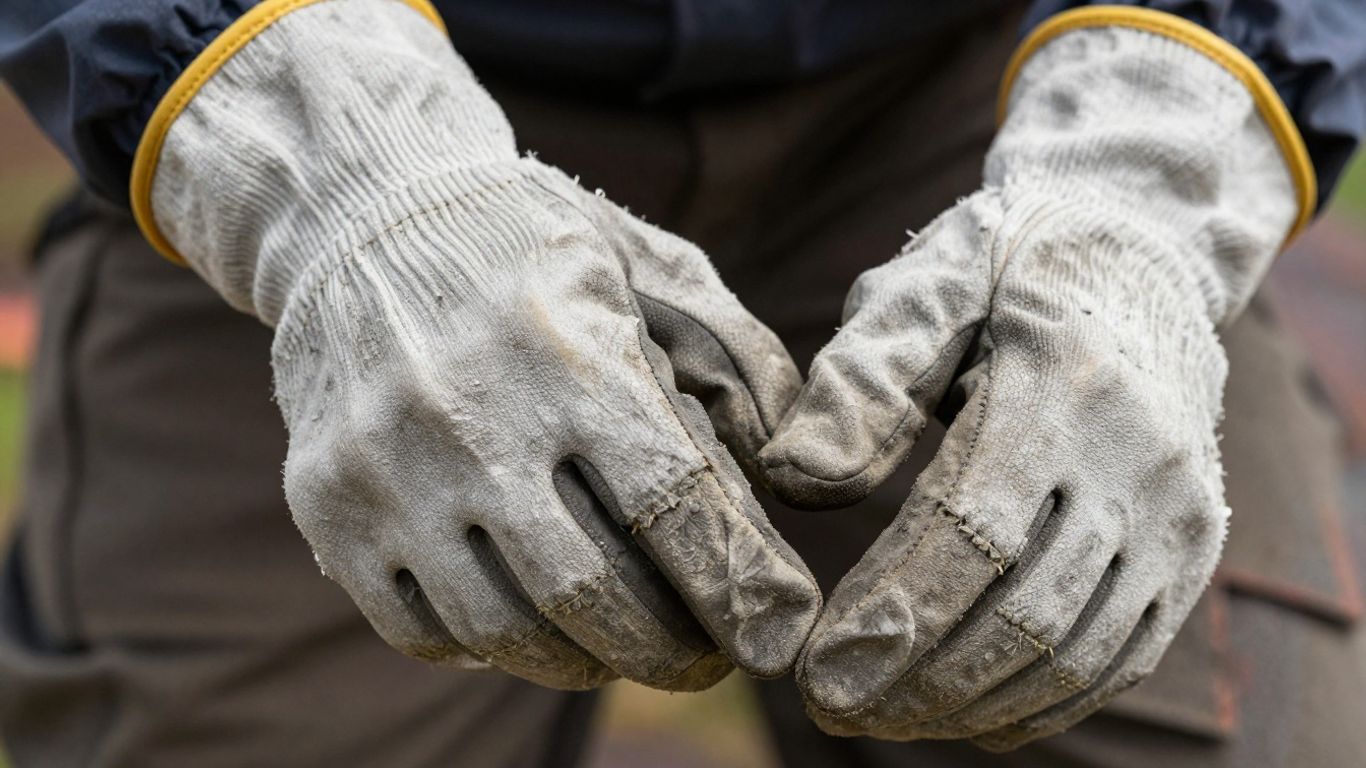 Roofer wearing protective gloves on a roof.