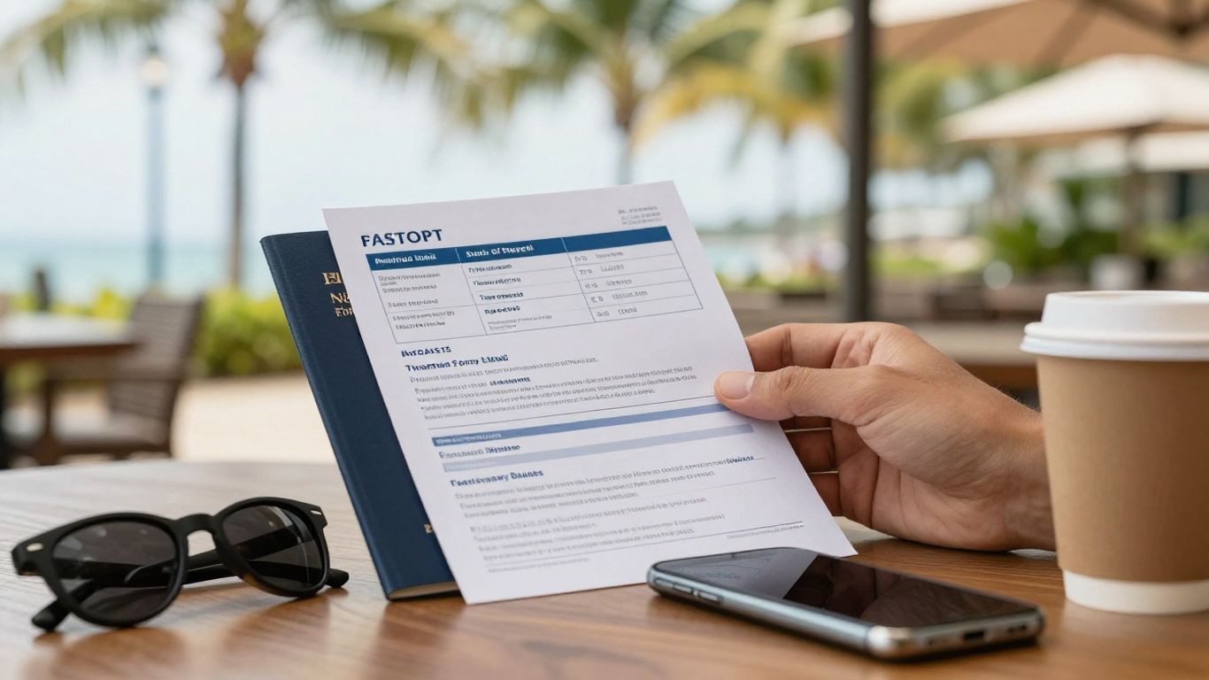 Traveler reviewing vacation package details at a sunny table