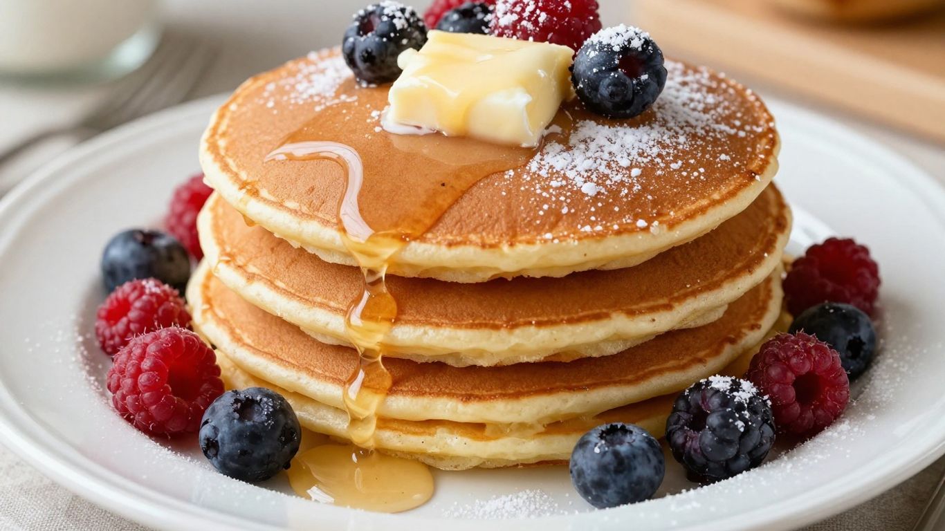 Stack of pancakes with syrup and berries.