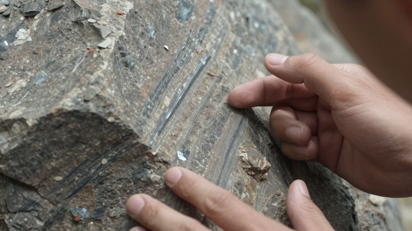 Geologist examining a gneiss rock formation.