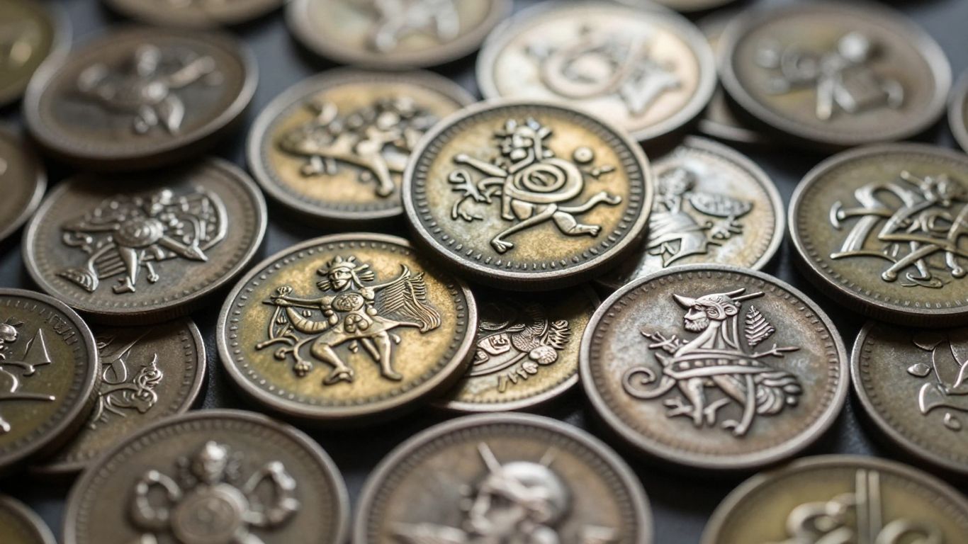 Pile of fantasy coins with mythical designs.
