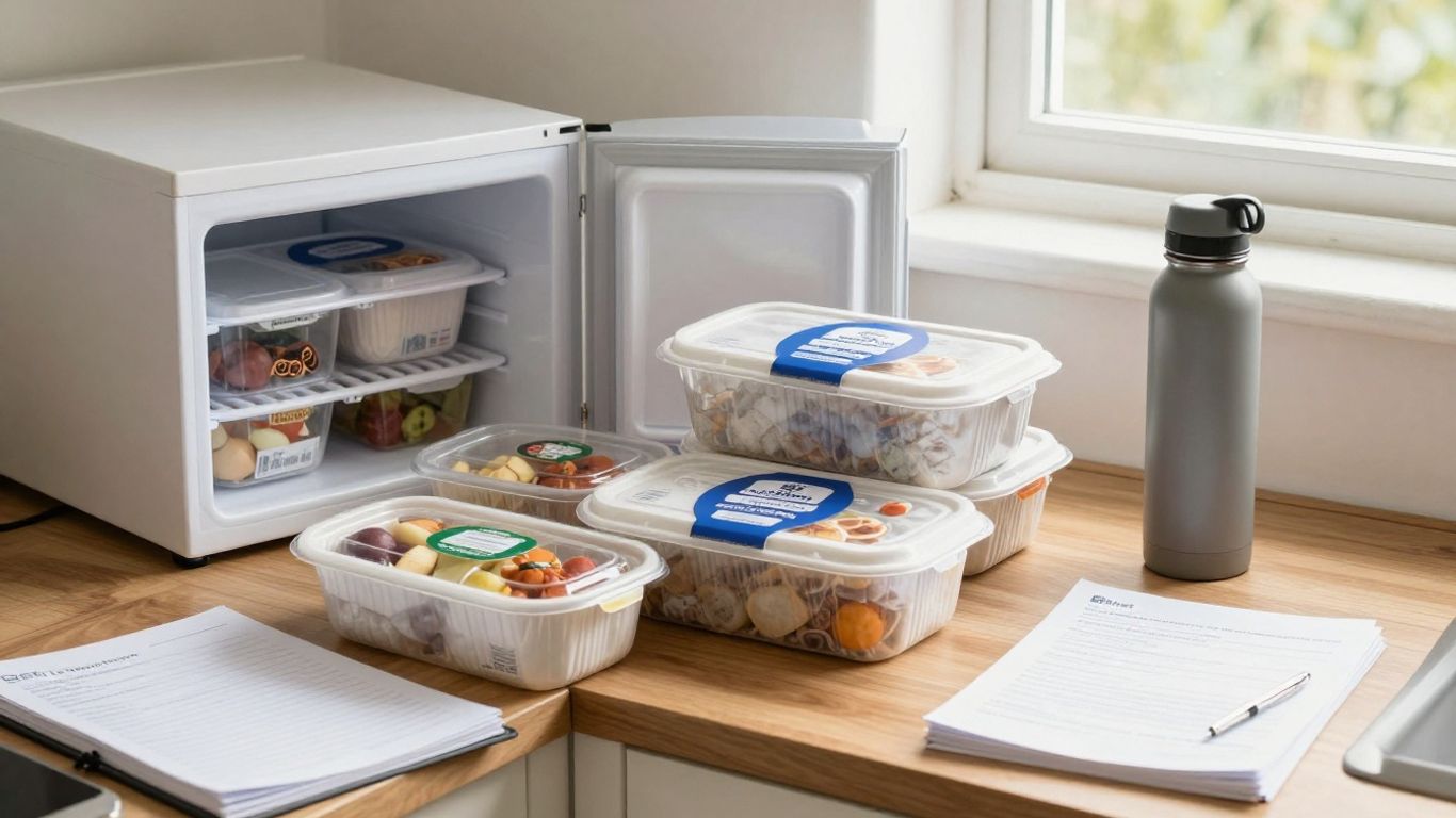 Student meal boxes beside university study materials