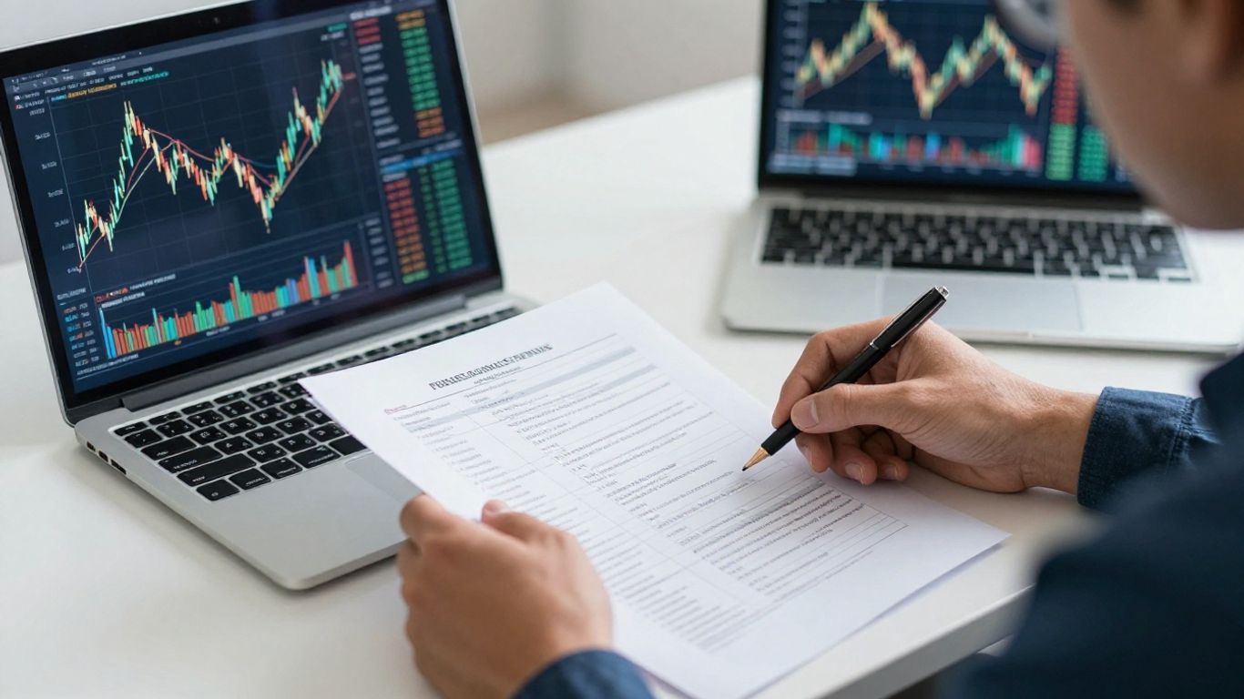 Trader reviewing futures evaluation rules at a desk