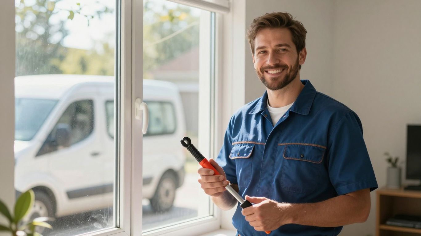 HVAC technician smiling, holding tools, home interior.
