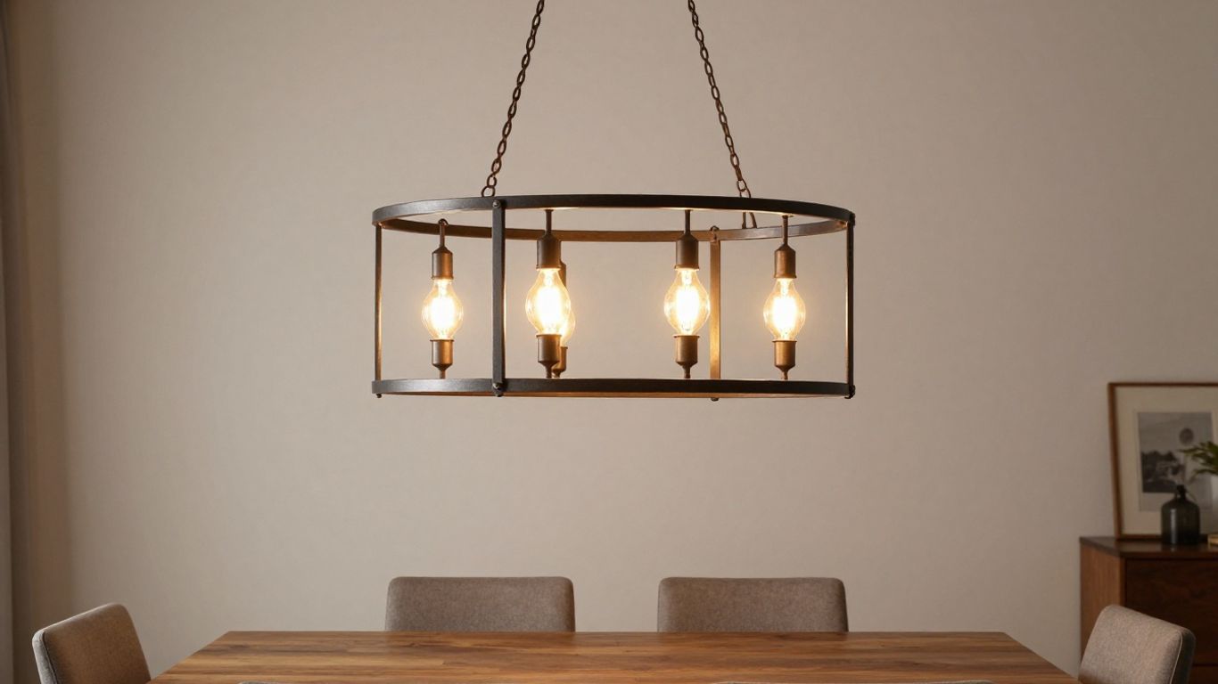 Rustic drum chandelier over a dining room table.