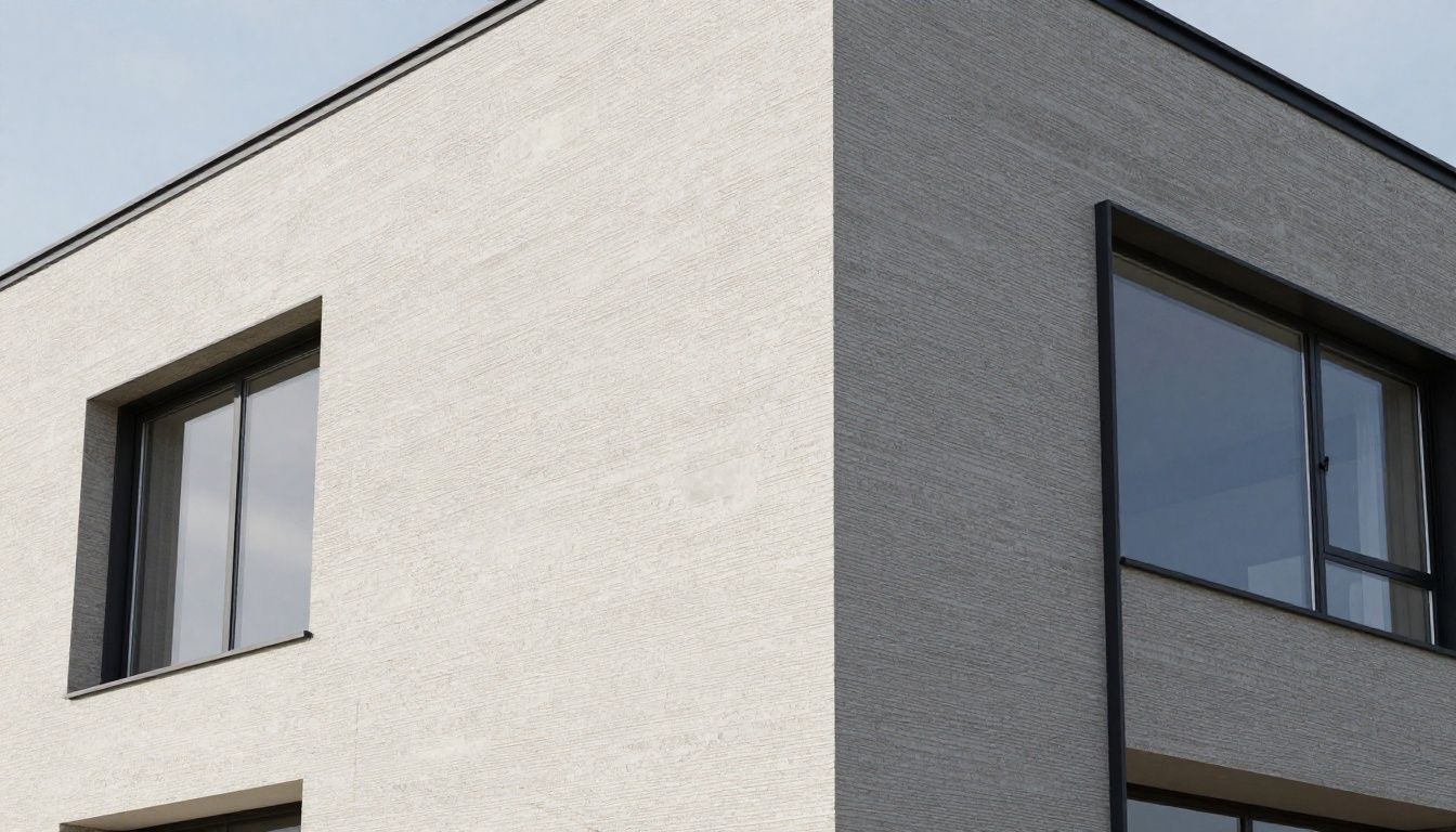 Close-up of a textured monocouche render finish on a contemporary home extension.
