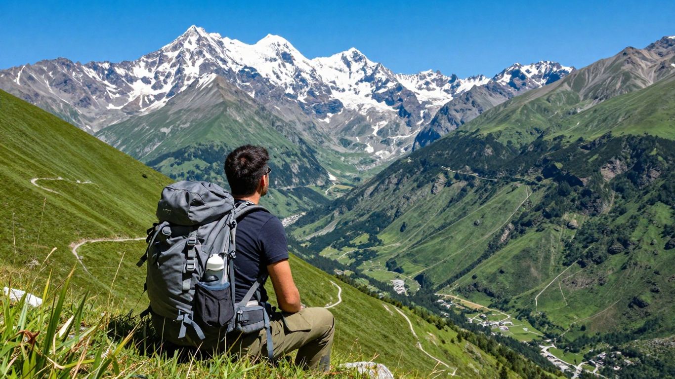 Backpacker overlooking mountains on an adventure