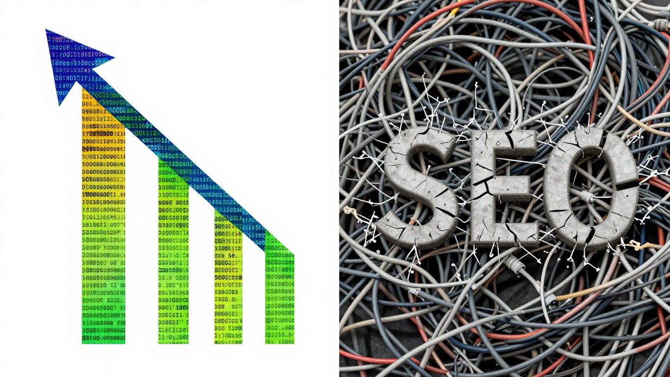 Website SEO performance with growth and decline visuals.