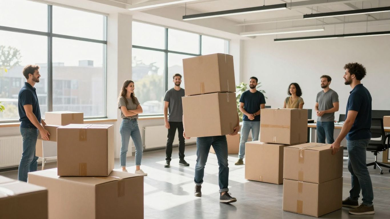 Office moving crew carrying boxes and furniture into a new building.