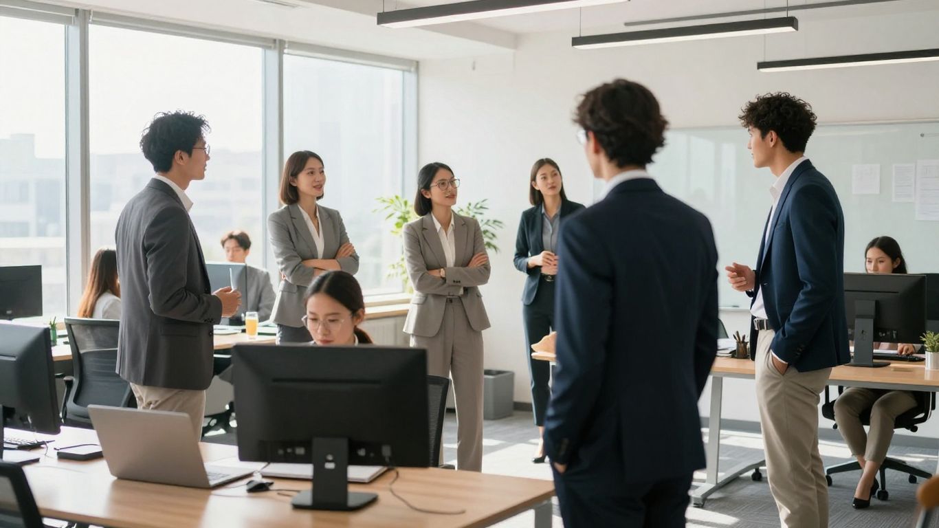 Professionals collaborating in a modern office, seeking executive opportunities.