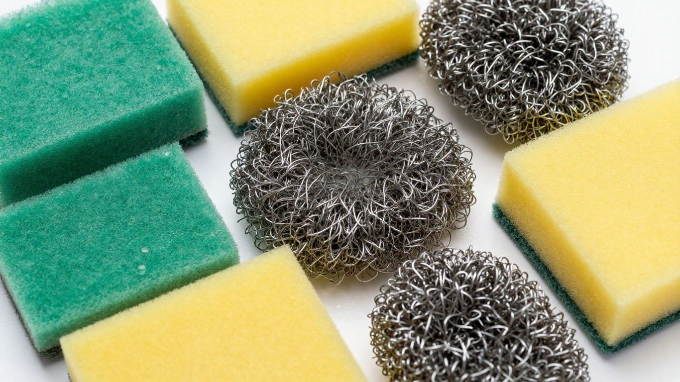 Various kitchen scourers with different textures and colors.