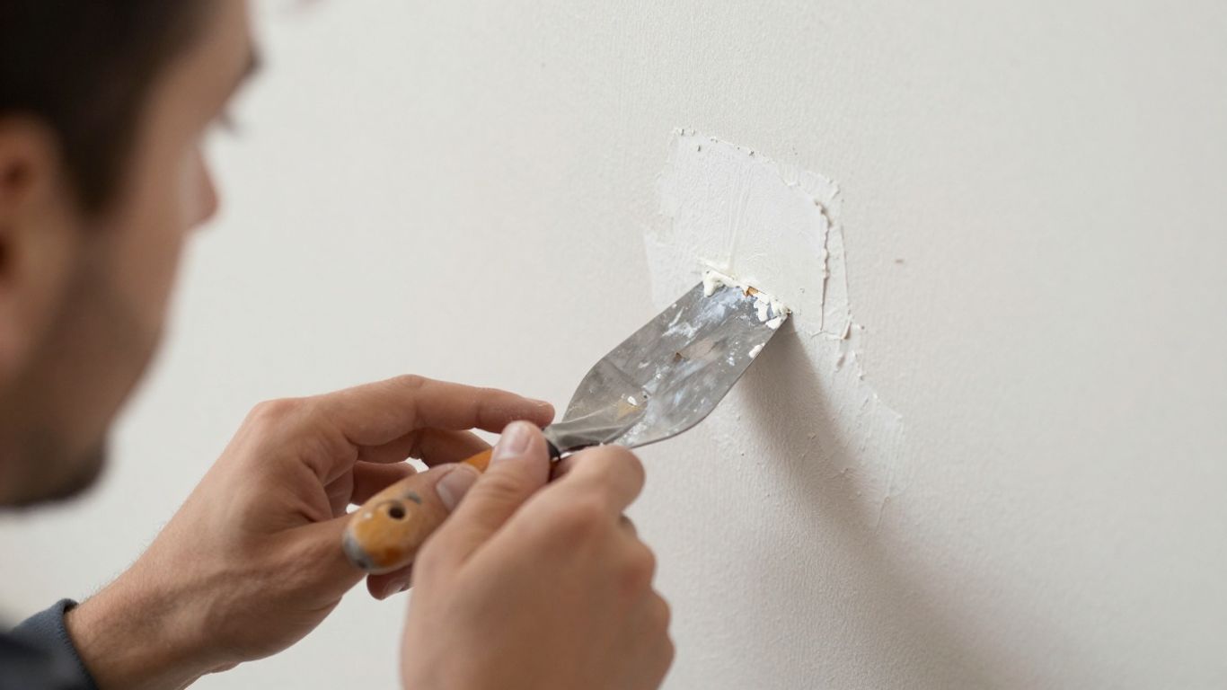 Painter repairing drywall with spackle and trowel.