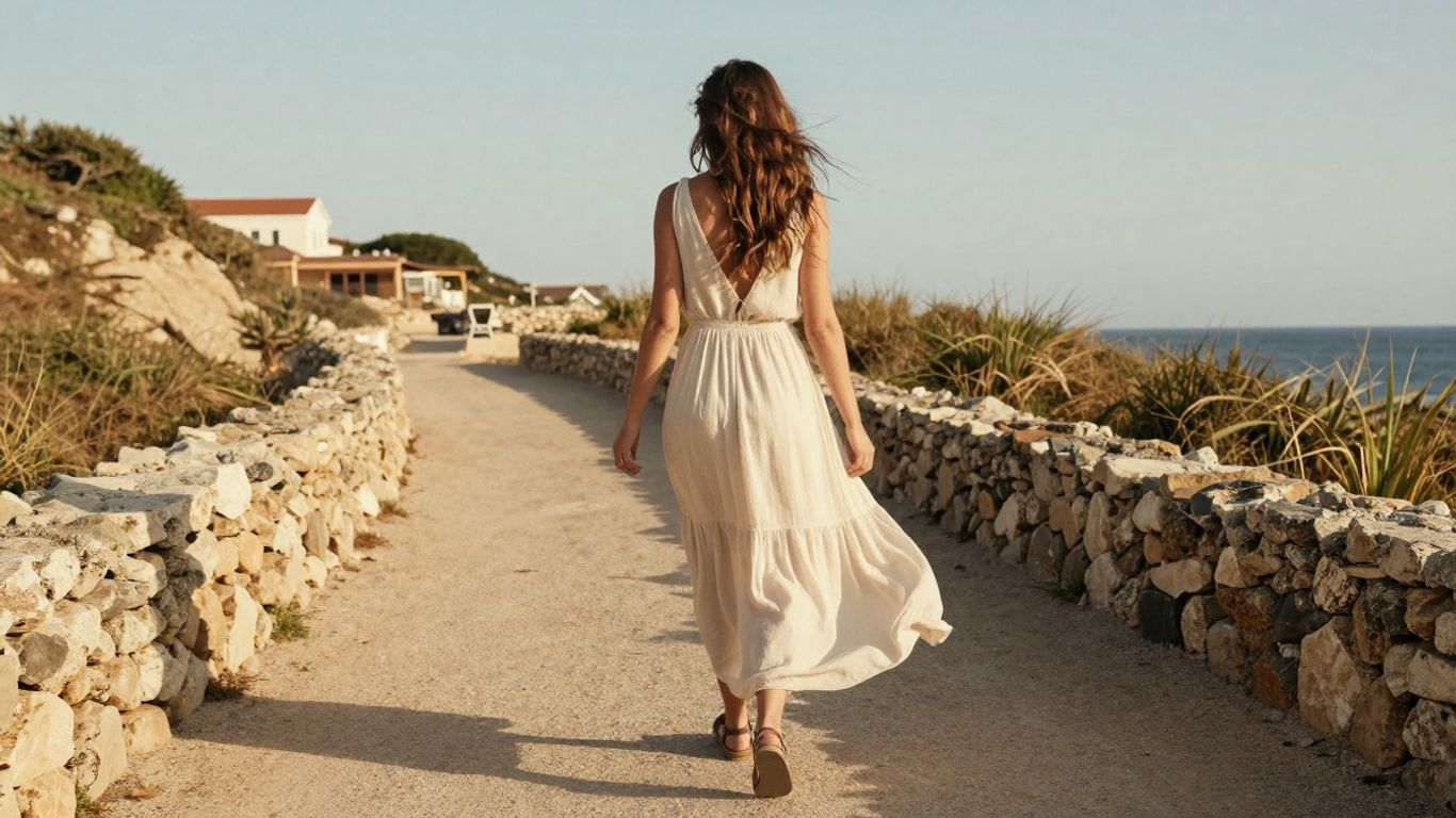 A traveler in a flowing vacation dress beside a sunny coastal path
