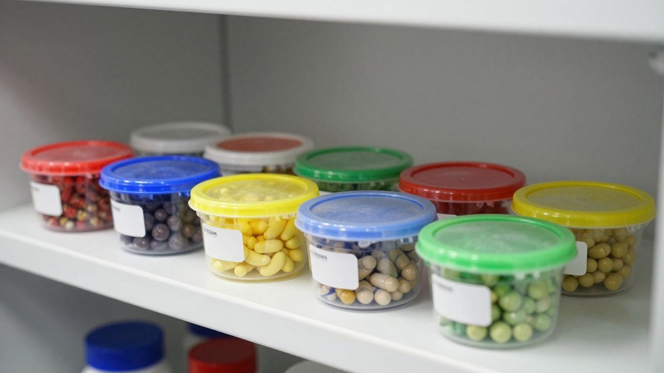Envases coloridos de suplementos alimenticios en exhibición