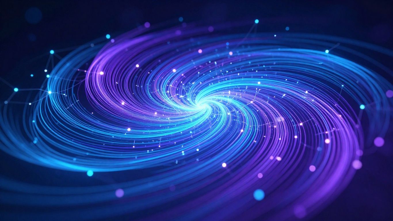 Abstract quantum computing visualization with glowing blue and purple lights.