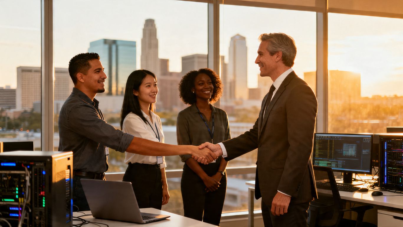 Business handshake with IT team in Houston